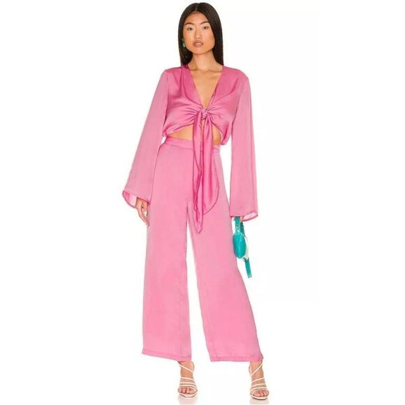 SNDYS x REVOLVE Pluto Jumpsuit Wide Leg Fuchsia Pink Tie Front Barbiecore Size 2 - Picture 1 of 14